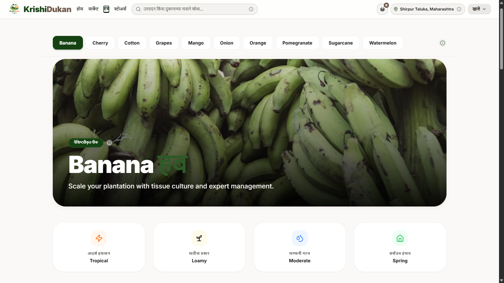 Hub — stage-wise crop guidance and recommended products.