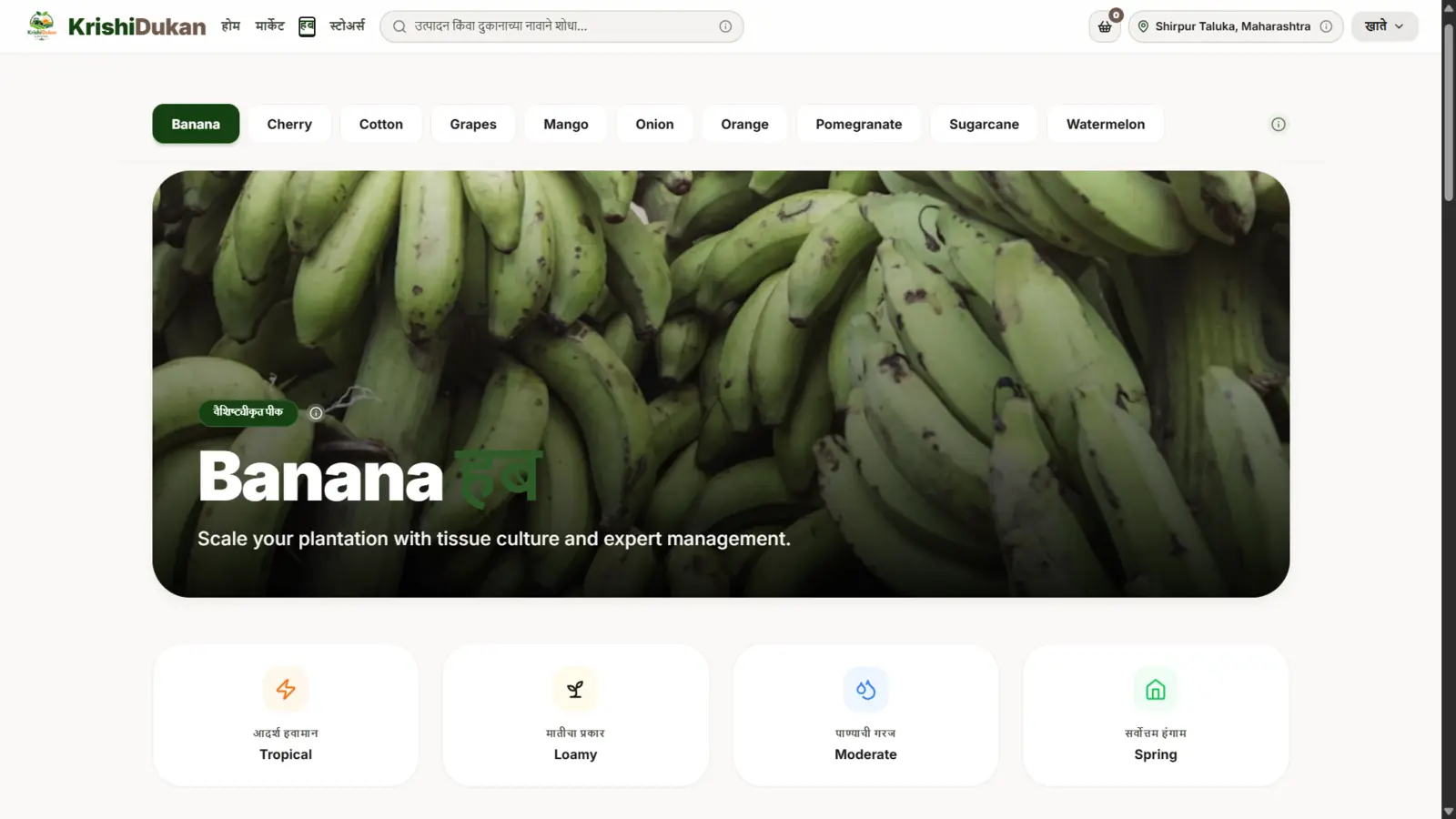 Hub — stage-wise crop guidance and recommended products.